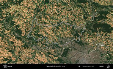 Pontoise. Eylül 2023 'te çekilen Copernicus Sentinel karolarından oluşan bir uydu görüntüsünde Fransa' nın idari bölgesinin ana hatlarını çizdim.