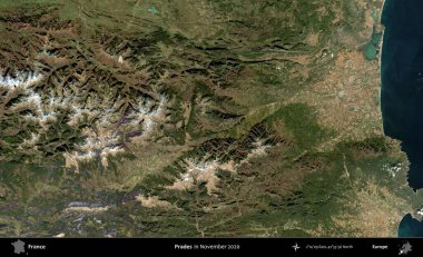Övgü. Copernicus Sentinel 'in Kasım 2020' de çekilmiş uydu görüntüsü üzerine Fransa 'nın idari bölgesi.