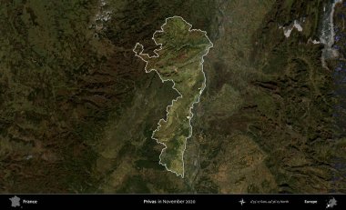 Askerler. Fransa 'nın idari alanı, Kopernik Sentinel' in Kasım 2020 'de çekilmiş koyu renkli bir uydu görüntüsüyle vurgulandı ve özetlendi.