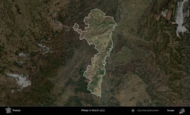 Askerler. Fransa 'nın idari alanı, Mart 2022' de çekilen Kopernik Sentinel karolarından oluşan koyu renkli bir uydu görüntüsü üzerinde vurgulandı ve özetlendi.