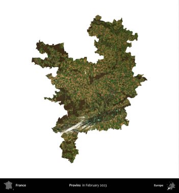 Provins. Fransa 'nın idari bölgesi, Şubat 2023' te çekilen Kopernik Nöbetçi karolarından oluşan bir uydu görüntüsüyle beyaza izole edildi.