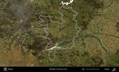 Provins. Copernicus Sentinel 'in Şubat 2023' te çekilen uydu görüntüsünde Fransa 'nın idari bölgesinin ana hatları belirlendi.