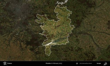 Provins. Fransa 'nın idari alanı, Şubat 2023' te çekilen Kopernik Nöbetçi karolarından oluşan koyu renkli bir uydu görüntüsü üzerinde vurgulandı ve özetlendi.