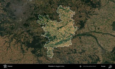 Provins. Fransa 'nın idari alanı, Ağustos 2024' te çekilen Kopernik Sentinel karolarından oluşan koyu renkli bir uydu görüntüsü üzerinde vurgulandı ve özetlendi.