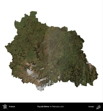 Puy-de-Dome. Fransa 'nın idari bölgesi, Şubat 2021' de çekilen Kopernik Nöbetçi karolarından oluşan bir uydu görüntüsüyle beyaza izole edildi.