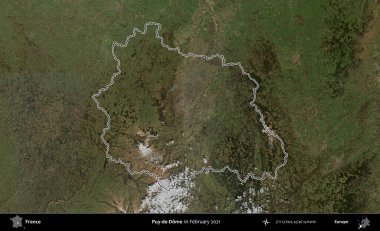 Puy-de-Dome. Copernicus Sentinel 'in Şubat 2021' de çekilen uydu görüntüsünde Fransa 'nın idari bölgesinin ana hatları belirlendi.