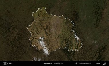 Puy-de-Dome. Fransa 'nın idari alanı, Şubat 2022' de çekilen Kopernik Sentinel karolarından oluşan koyu renkli bir uydu görüntüsü üzerinde vurgulandı ve özetlendi.