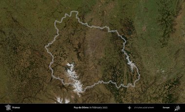 Puy-de-Dome. Copernicus Sentinel 'in Şubat 2022' de çekilen uydu görüntüsünde Fransa 'nın idari bölgesinin ana hatları belirlendi.