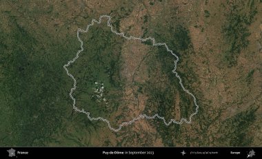Puy-de-Dome. Eylül 2023 'te çekilen Copernicus Sentinel karolarından oluşan bir uydu görüntüsünde Fransa' nın idari bölgesinin ana hatlarını çizdim.