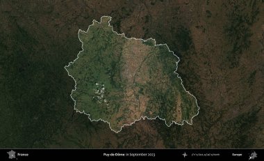 Puy-de-Dome. Fransa 'nın idari alanı, Eylül 2023' te çekilen Kopernik Nöbetçi karolarından oluşan koyu renkli bir uydu görüntüsü üzerinde vurgulandı ve özetlendi.