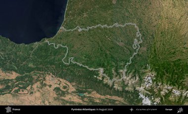 Pireneler-Atlantikler. Copernicus Sentinel 'in Ağustos 2020' de çekilen uydu görüntüsünde Fransa 'nın idari bölgesinin ana hatları belirlendi.