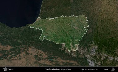 Pireneler-Atlantikler. Fransa 'nın idari alanı, Ağustos 2020' de çekilen Kopernik Nöbetçi karolarından oluşan koyu renkli bir uydu görüntüsüyle vurgulandı ve özetlendi.