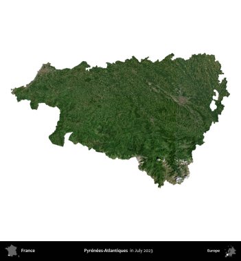 Pireneler-Atlantikler. Fransa 'nın idari bölgesi, Temmuz 2023' te çekilen Kopernik Nöbetçi karolarından oluşan uydu görüntüsüyle beyaza izole edildi.