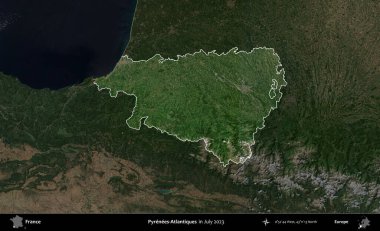 Pireneler-Atlantikler. Fransa 'nın idari alanı, Temmuz 2023' te çekilen Kopernik Nöbetçi karolarından oluşan koyu renkli bir uydu görüntüsüyle vurgulandı ve özetlendi.