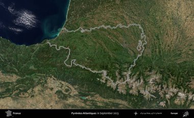 Pireneler-Atlantikler. Eylül 2023 'te çekilen Copernicus Sentinel karolarından oluşan bir uydu görüntüsünde Fransa' nın idari bölgesinin ana hatlarını çizdim.