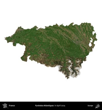 Pireneler-Atlantikler. Fransa 'nın idari bölgesi, Nisan 2024' te çekilen Kopernik Nöbetçi karolarından oluşan bir uydu görüntüsü ile beyaza izole edildi.