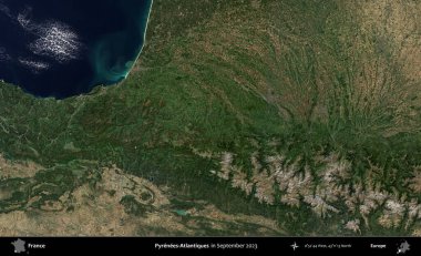 Pireneler-Atlantikler. Copernicus Sentinel 'in Eylül 2023' te çekilmiş uydu görüntüsü üzerine Fransa 'nın idari bölgesi.