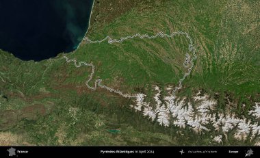 Pireneler-Atlantikler. Nisan 2024 'te çekilen Copernicus Sentinel karolarından oluşan bir uydu görüntüsünde Fransa' nın idari bölgesinin ana hatlarını çizdim.