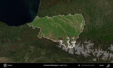 Pireneler-Atlantikler. Fransa 'nın idari alanı, Nisan 2024' te çekilen Kopernik Nöbetçi karolarından oluşan koyu renkli bir uydu görüntüsü üzerinde vurgulandı ve özetlendi.