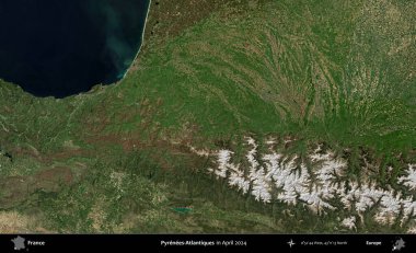 Pireneler-Atlantikler. Copernicus Sentinel 'in Nisan 2024' te çekilmiş uydu görüntüsü üzerine Fransa 'nın idari bölgesi.