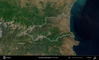 Pirenes-Orientales. Haziran 2017 'de çekilen Copernicus Sentinel karolarından oluşan bir uydu görüntüsü üzerine Fransa' nın idari bölgesinin ana hatlarını belirledik.