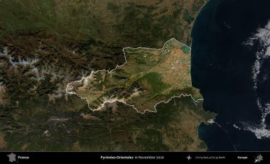 Pirenes-Orientales. Fransa 'nın idari alanı, Kopernik Sentinel' in Kasım 2020 'de çekilmiş koyu renkli bir uydu görüntüsüyle vurgulandı ve özetlendi.