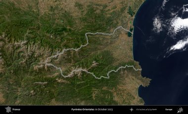 Pirenes-Orientales. Copernicus Sentinel 'in Ekim 2023' te çekilen uydu görüntüsünde Fransa 'nın idari bölgesinin ana hatları belirlendi.