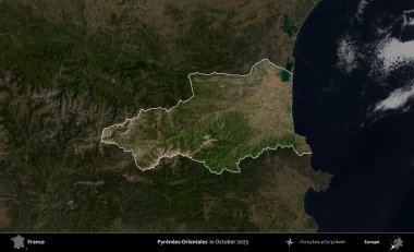 Pirenes-Orientales. Fransa 'nın idari alanı, Ekim 2023' te çekilen Kopernik Nöbetçi karolarından oluşan koyu renkli bir uydu görüntüsü üzerinde vurgulandı ve özetlendi.