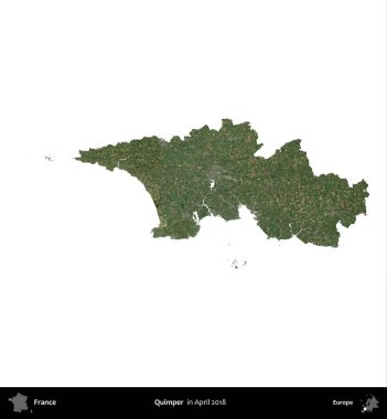 Quimper. Fransa 'nın idari bölgesi, Nisan 2018' de çekilen Kopernik Nöbetçi karolarından oluşan bir uydu görüntüsü ile beyaza izole edildi.