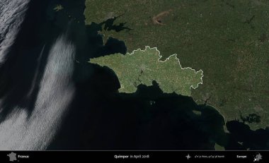 Quimper. Fransa 'nın idari alanı, Nisan 2018' de çekilen Kopernik Nöbetçi karolarından oluşan koyu renkli bir uydu görüntüsü üzerinde vurgulandı ve özetlendi.