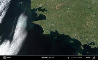 Quimper. Copernicus Sentinel 'in Nisan 2018' de çekilmiş uydu görüntüsü üzerine Fransa 'nın idari bölgesi.