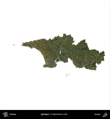Quimper. Fransa 'nın idari bölgesi, Eylül 2018' de çekilen Kopernik Nöbetçi karolarından oluşan uydu görüntüsüyle beyaza izole edildi.