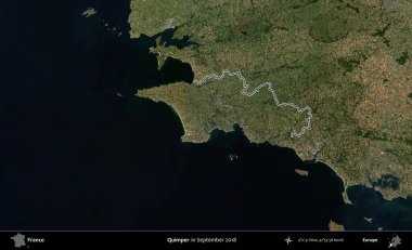 Quimper. Eylül 2018 'de çekilen Copernicus Sentinel karolarından oluşan bir uydu görüntüsünde Fransa' nın idari bölgesinin ana hatlarını çizdim.