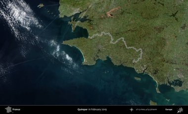 Quimper. Copernicus Sentinel 'in Şubat 2019' da çekilen uydu görüntüsünde Fransa 'nın idari bölgesinin ana hatları belirlendi.