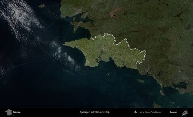 Quimper. Fransa 'nın idari alanı, Şubat 2019' da çekilen Kopernik Sentinel karolarından oluşan koyu renkli bir uydu görüntüsü üzerinde vurgulandı ve özetlendi.