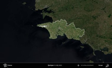 Quimper. Fransa 'nın idari alanı, Temmuz 2022' de çekilen Kopernik Nöbetçi karolarından oluşan koyu renkli bir uydu görüntüsüyle vurgulandı ve özetlendi.