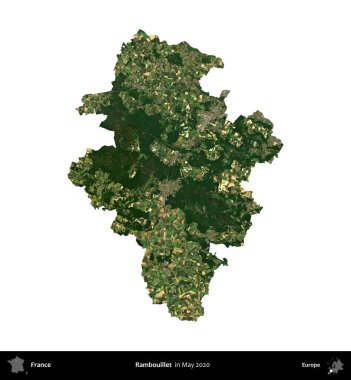 Rambouillet. Fransa 'nın idari bölgesi, Mayıs 2020' de çekilen Kopernik Nöbetçi karolarından oluşan bir uydu görüntüsüyle beyaza izole edildi.
