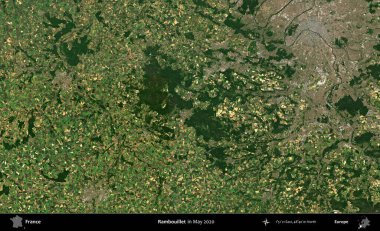 Rambouillet. Mayıs 2020 'de Copernicus Sentinel karolarından oluşan bir uydu görüntüsü üzerine Fransa' nın idari bölgesi
