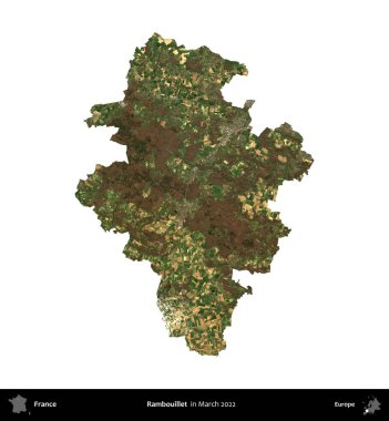 Rambouillet. Fransa 'nın idari bölgesi, Mart 2022' de çekilen Kopernik Nöbetçi karolarından oluşan bir uydu görüntüsüyle beyaza izole edildi.