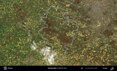 Rambouillet. Mart 2022 'de çekilen Copernicus Sentinel karolarından oluşan bir uydu görüntüsünde Fransa' nın idari bölgesinin ana hatları belirlendi.