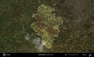 Rambouillet. Fransa 'nın idari alanı, Mart 2022' de çekilen Kopernik Sentinel karolarından oluşan koyu renkli bir uydu görüntüsü üzerinde vurgulandı ve özetlendi.