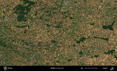 Redon. Copernicus Sentinel 'in Temmuz 2022' de çekilmiş uydu görüntüsü üzerine Fransa 'nın idari bölgesi.