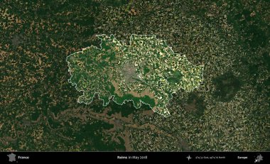 Reims. Fransa 'nın idari alanı, Mayıs 2018' de çekilen Kopernik Nöbetçi karolarından oluşan koyu renkli bir uydu görüntüsü üzerinde vurgulandı ve özetlendi.