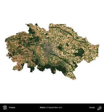 Reims. Fransa 'nın idari bölgesi, Eylül 2021' de çekilen Kopernik Nöbetçi karolarından oluşan bir uydu görüntüsü üzerinde beyaza izole edildi.