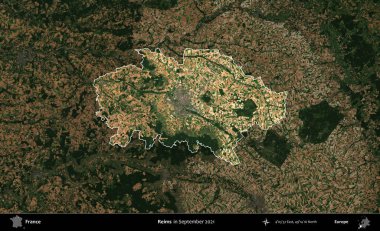Reims. Fransa 'nın idari alanı, Eylül 2021' de çekilen Kopernik Sentinel karolarından oluşan koyu renkli bir uydu görüntüsü üzerinde vurgulandı ve özetlendi.