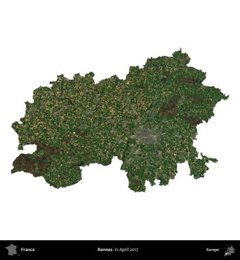 Rennes. Fransa 'nın idari bölgesi, Nisan 2017' de çekilen Kopernik Nöbetçi karolarından oluşan bir uydu görüntüsü ile beyaza izole edildi.