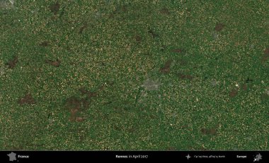 Rennes. Nisan 2017 'de Copernicus Sentinel karolarından oluşan bir uydu görüntüsü üzerine Fransa' nın idari bölgesi