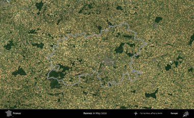 Rennes. Mayıs 2020 'de çekilen Copernicus Sentinel karolarından oluşan bir uydu görüntüsünde Fransa' nın idari bölgesinin ana hatları belirlendi.