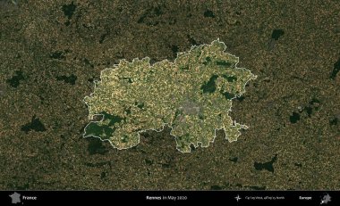 Rennes. Fransa 'nın idari alanı, Mayıs 2020' de çekilen Kopernik Nöbetçi karolarından oluşan koyu renkli bir uydu görüntüsü üzerinde vurgulandı ve özetlendi.