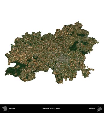 Rennes. Fransa 'nın idari bölgesi, Temmuz 2022' de çekilen Kopernik Nöbetçi karolarından oluşan bir uydu görüntüsüyle beyaza izole edildi.